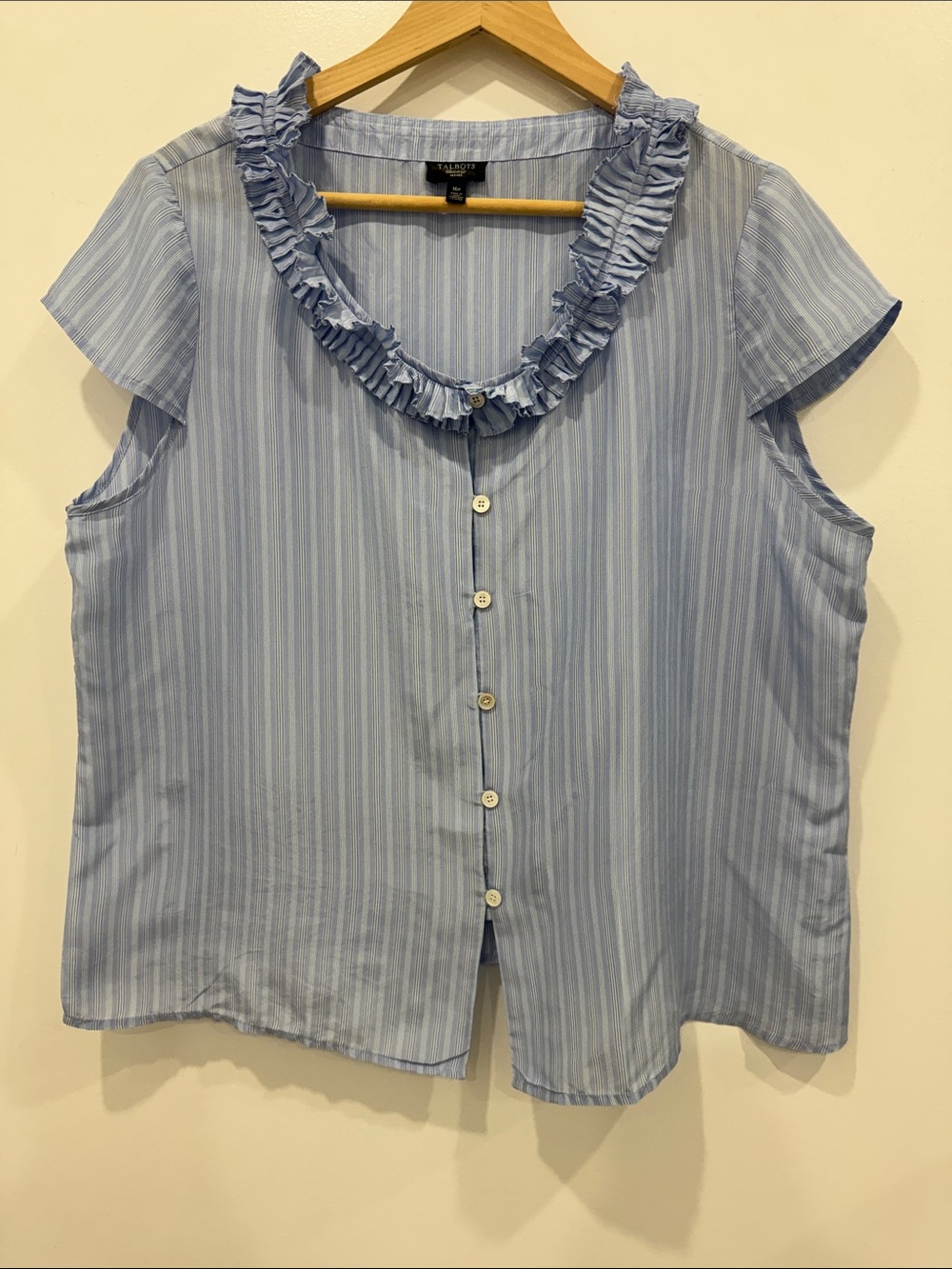 Talbots Petites 16P 100% Silk Blue Striped Ruffle Neck Blouse